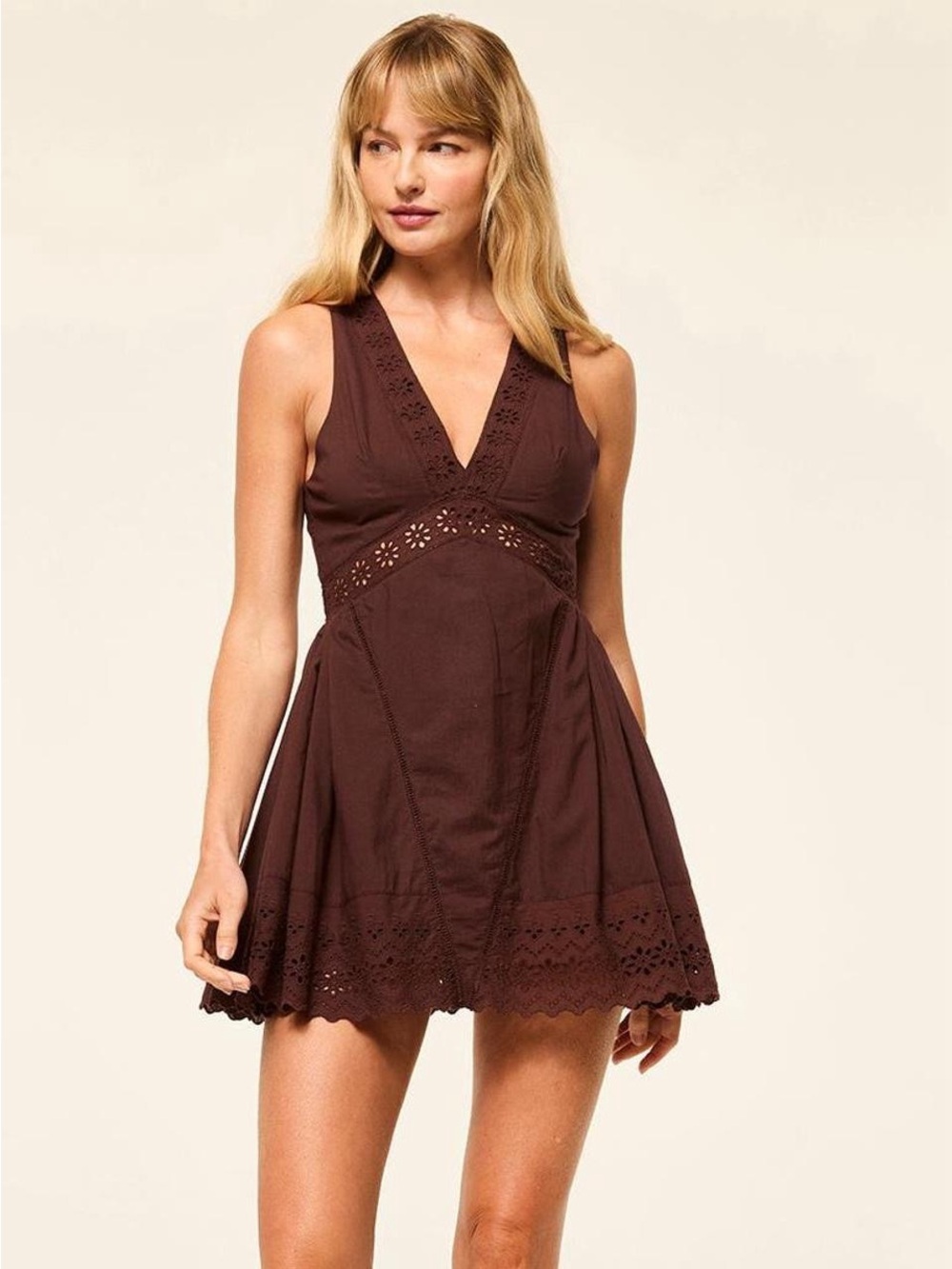 MISA Los Angeles Brown Eyelet Dress Small Sleeveless Boho Fit Flare $455 MSRP